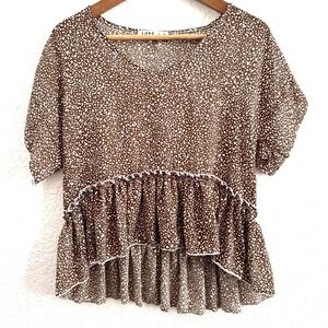 Love J Blouse Animal Print Short Sleeve Brown White Top Women Size Medium